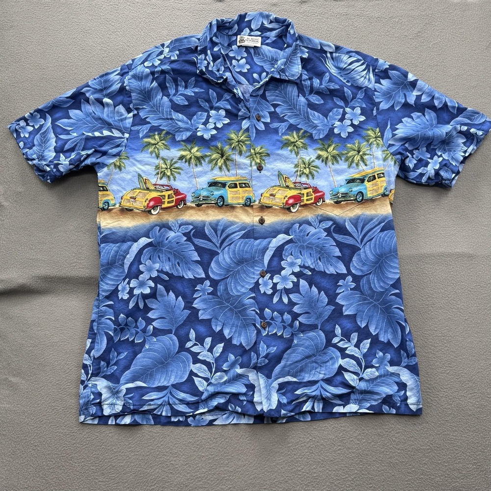 Aloha Republic Shirt Mens XL Blue Hawaiian Woody Car Beach Surf USA Short Sleeve